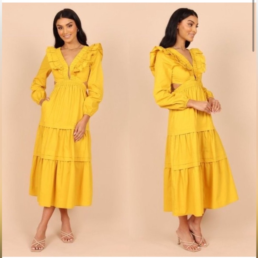 NEW Petal & Pup Mariga Long Sleeve Frill Shoulder Midi Dress in Marigold Size M
